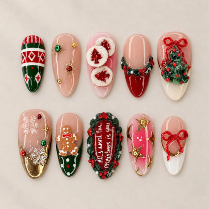 24PCS Christmas Red Almond Press on Nails Sweet 3D Gingerbread Man Xmas Tree Snowflake Design False Nails Wearable Acrylic Nails