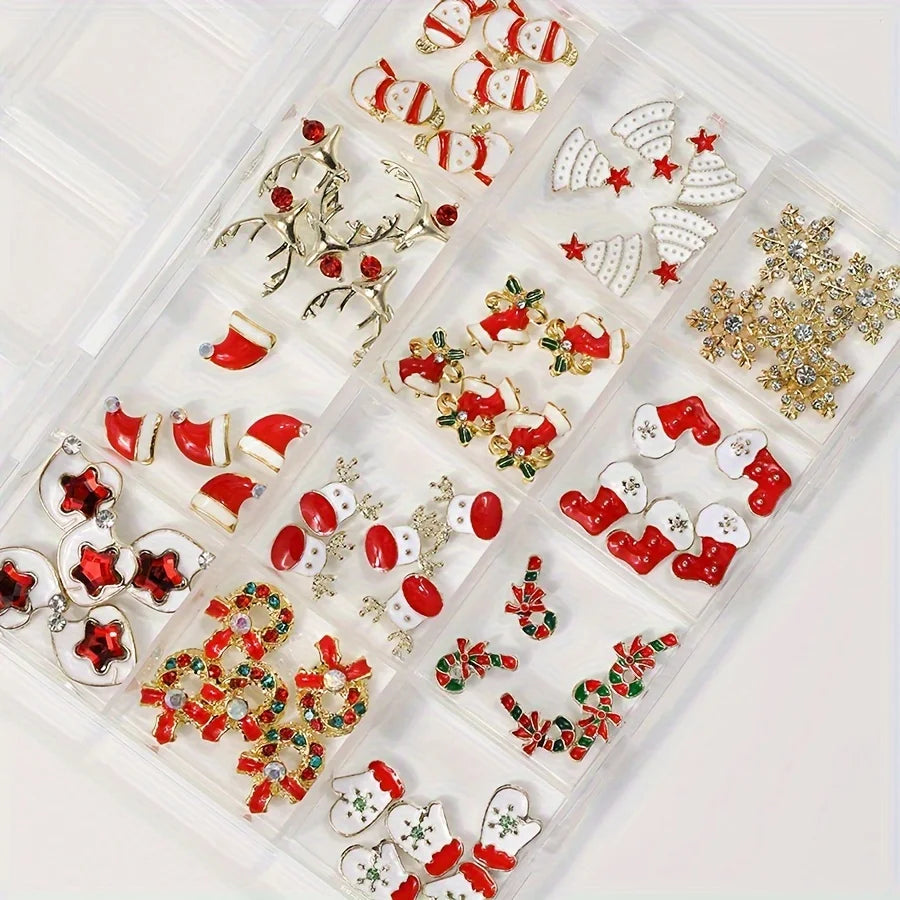 12 Grids Christmas Alloy Nail Charms Mixed Santa Hat Reindeer Snowflake Candy Cane 3D Rhinestone Enamel Ornaments Holiday DIY Nail Decor