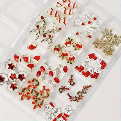 12 Grids Christmas Alloy Nail Charms Mixed Santa Hat Reindeer Snowflake Candy Cane 3D Rhinestone Enamel Ornaments Holiday DIY Nail Decor