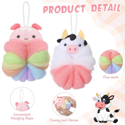 2 Pcs Bath Loofahs, Kids Toddler Cute Cartoon Bath Sponges, Loofah Bath Pouf, Body Scrubber Mesh Loofah Sponges (Animal)