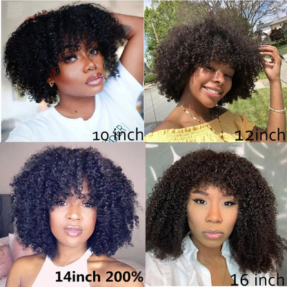 Mongolian Afro Kinky Curly Hunan Hair Wigs With Bangs Full Machine Made Wig 250 Density Remy Brazilian Short Curly Bangs Wig