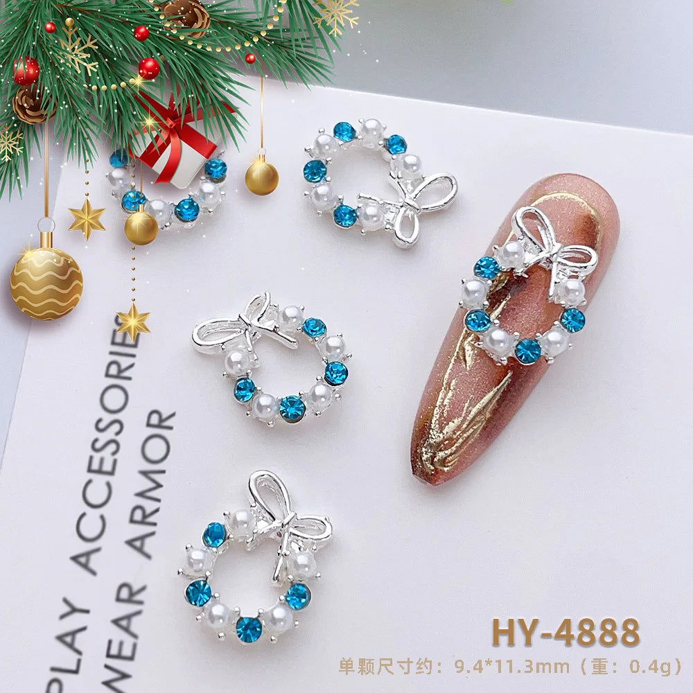 Luxury Christmas Wreath Nail Art Charms Pink Bow Pearl Diamond Gold Silver Alloy Nails 3D Decoration Jewelry for Manicure Design