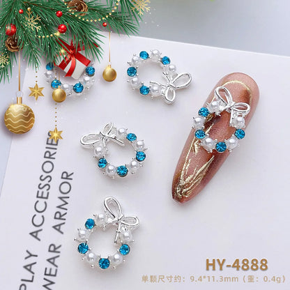 Luxury Christmas Wreath Nail Art Charms Pink Bow Pearl Diamond Gold Silver Alloy Nails 3D Decoration Jewelry for Manicure Design