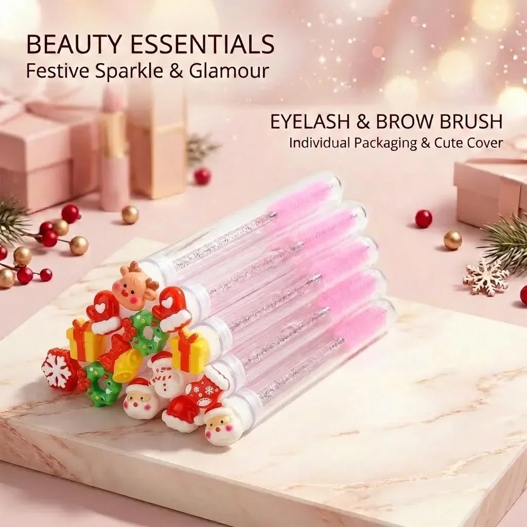 10pcs Christmas Mascara Eyelash Brush in Tube with Santa Claus Cap, Dust-Proof Reusable Mascara Wand Lash Applicator Makeup Tool