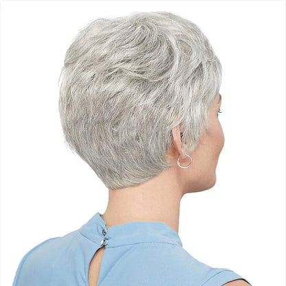 HAIRJOY Synthetic Short Grey Wigs for White Women Mixed Gray Silver Curly  Wigs with Bangs Grandma  Short Hair Wigs