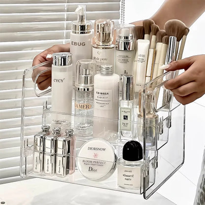 1pc Transparent Portable Three Compartment Cosmetic Storage Box desktop Dresser Large Capacity Skin Care Perfume Display Rack