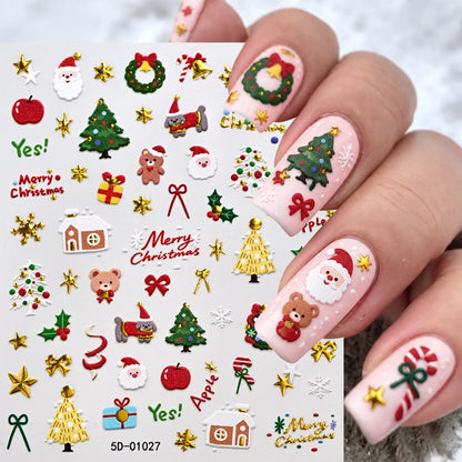 1pcs Gold-foiled Christmas Tree 5D Nail Stickers Bow Holly Snowflake Wreath Christmas Nail Decals Cartoon Merry Christmas Decora