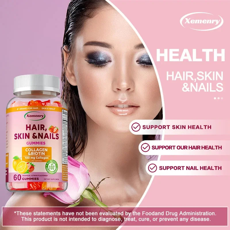 Hair, Skin & Nails Gummies - Supports Hair Growth, Strengthens Nails, Promotes Radiant Skin, Powerful Antioxidant