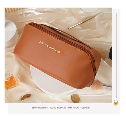 Women Travel Makeup Bag PU Cosmetic Organizer Large Capacity Toiletry Bag Wide Opening Portable Wash Bag