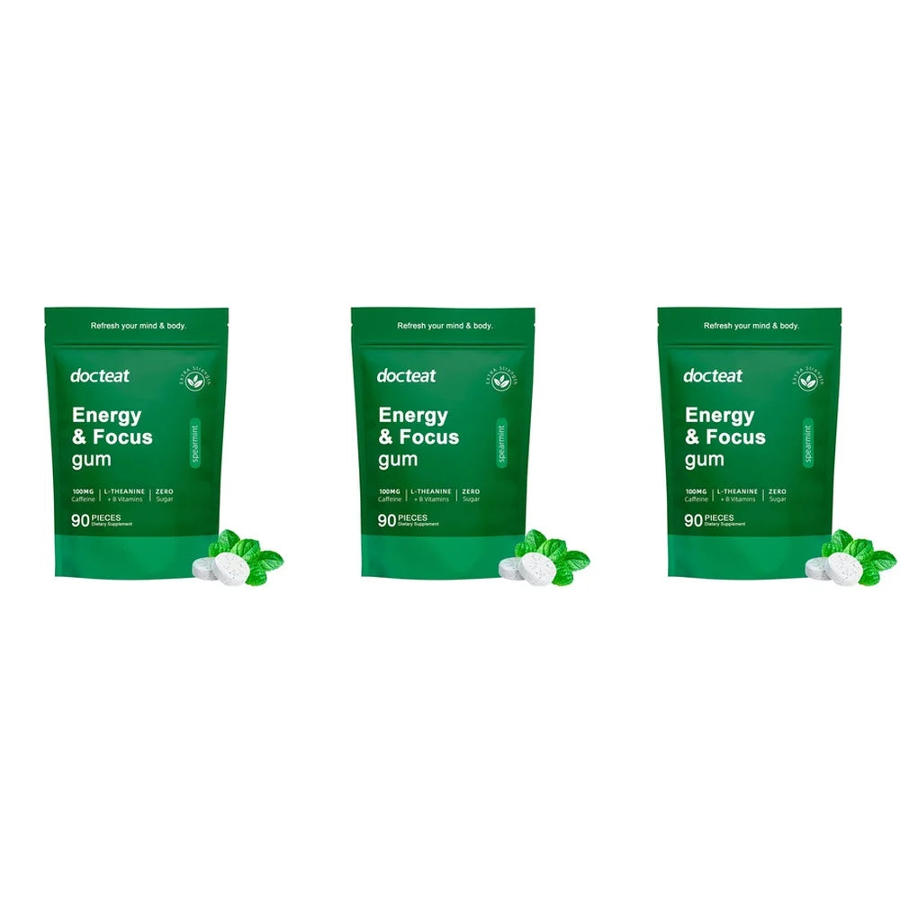 Energy & Focus Gum Extra Chewable Tablets with Natural Caffeine, L-Theanine, Vitamin B6 and B12, Sugar Free, 90 Pieces