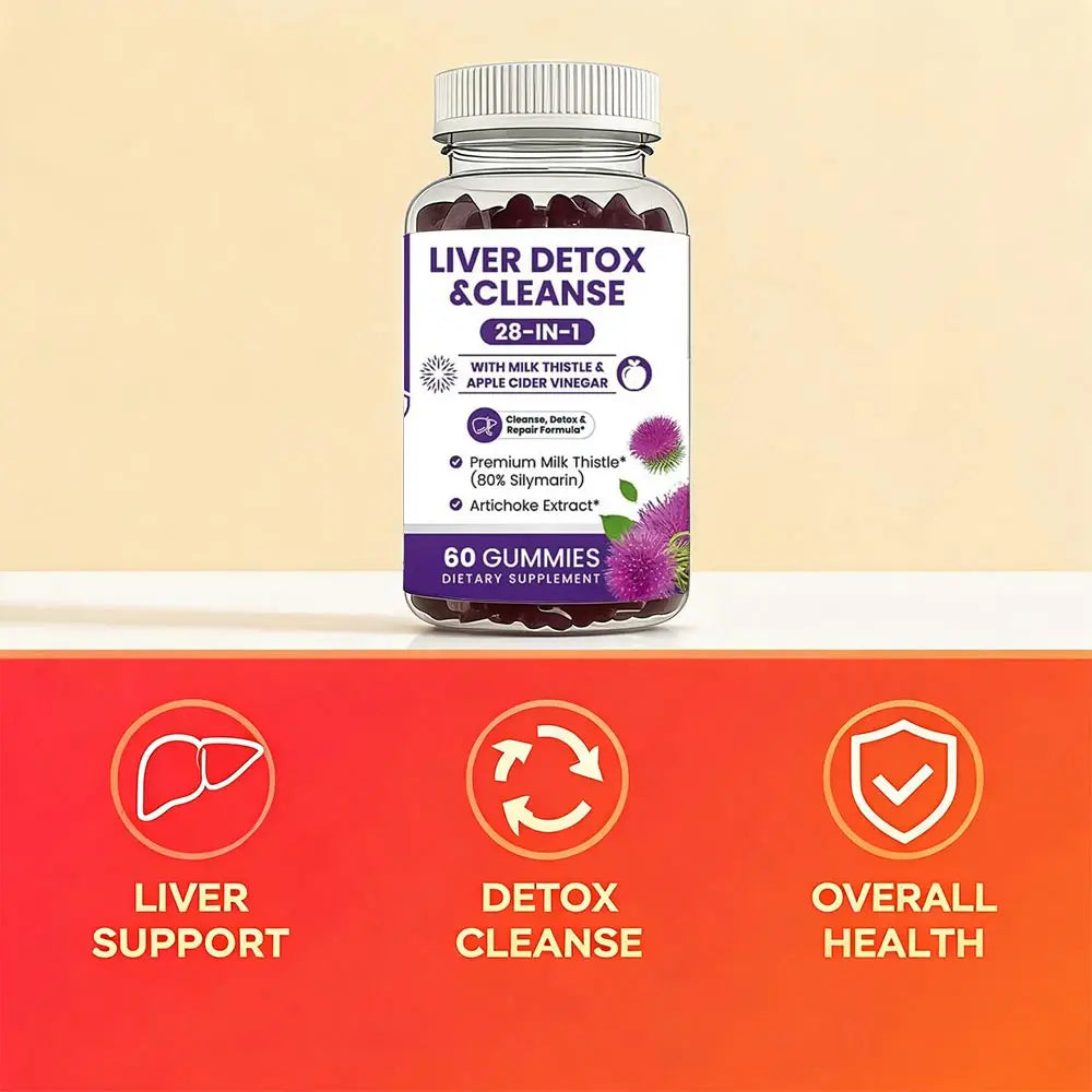 Milk Thistle Liver Support Gummies 28-in-1 Herbal Blend Apple Cider Vinegar Artichoke Daily Liver Wellness 60 Count