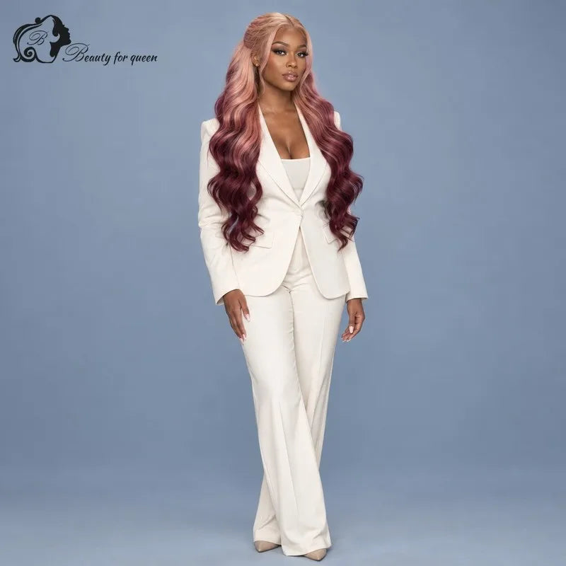 Brazilian Peach Burgundy Ombre Body Wave Wig Mid Length Quality Glossy HD Lace Colored Vivid Deep Hot Premium Transparent
