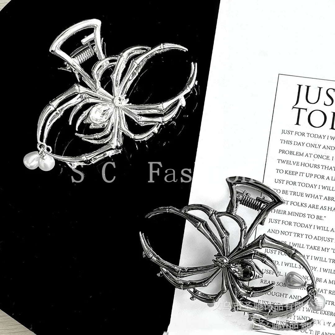 1Pcs Halloween Black Spider Hair Claw Clips with Pearl Charm Design,Metal Gothic Punk Hair Clips Strong Hold Hair Accessories