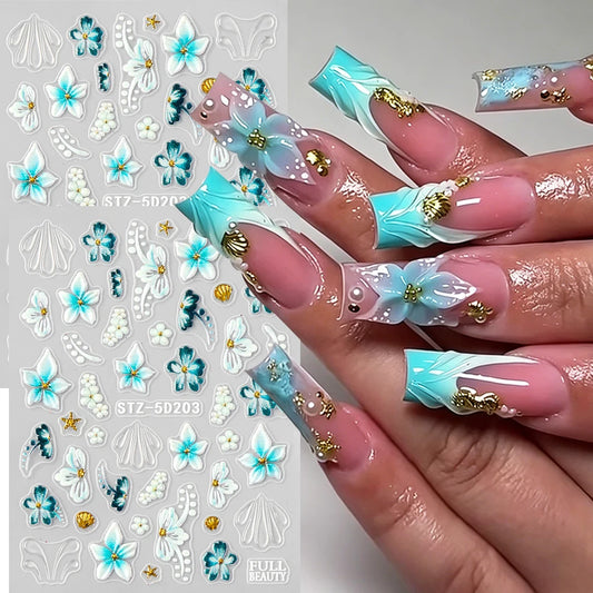 5D Embossed Teal Hibiscus Flower Nail Art Stickers Blue Floral Petal with Golden Starfish Shell French Water Ripple Summer Decal