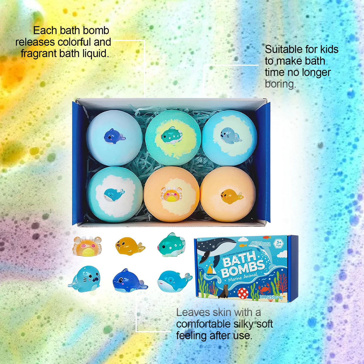 OceAura Bath Bombs with Toys Inside Fun Kids Bath Clean Skin Exfoliation Sea Salt Surprise Bath Bombs for Children Gift Set 300g