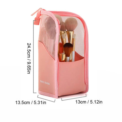 2 in 1 Standing Makeup Brush Bag Portable Travel Cosmetic Case Multi Slot Mesh Lipstick Eyebrow Pencil Holder Organizer Pouch