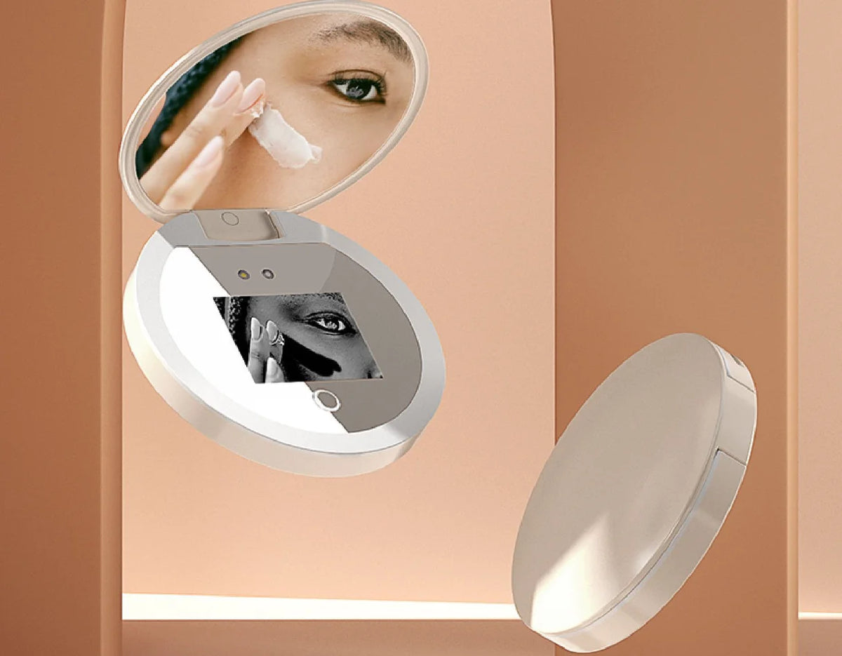 HTMCK LED & UV Visual Function Multifunctional Makeup Mirror Portable Sunscreen Detector Compact Travel Size Makeup Mirror