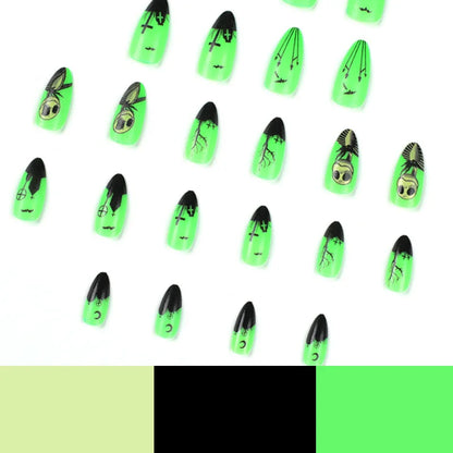24Pcs Noctilucent skull Fake Nails Almond Long Press On Nails Black Ghost Reusable False Nails Halloween Wearing Nail Decoration