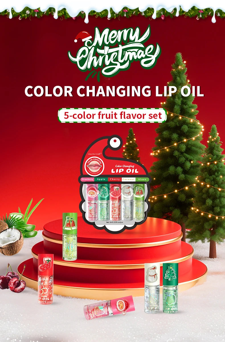 Christmas lip gloss gift box, long-lasting moisturizing and color changing lip oil, high gloss effect lip gloss 5- pieces