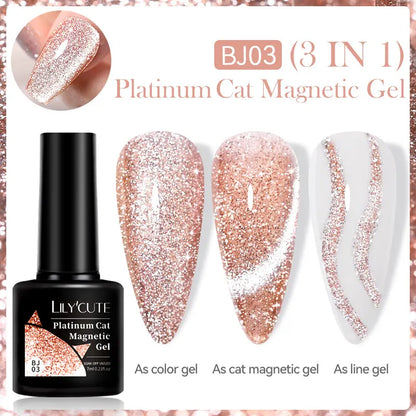 LILYCUTE 7ML 3 IN 1 Platinum Cat Magnetic Gel Nail Polish Silver Moonlight Magnetic Nail Sparkling Glitter Semi Permanent UV Gel