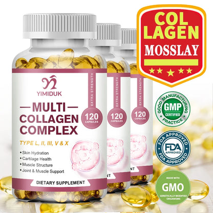 Multi-Collagen Pills with Hyaluronic Acid and Vitamin C, 5 Hydrolyzed Collagen Peptides, Type I II III VX Capsules