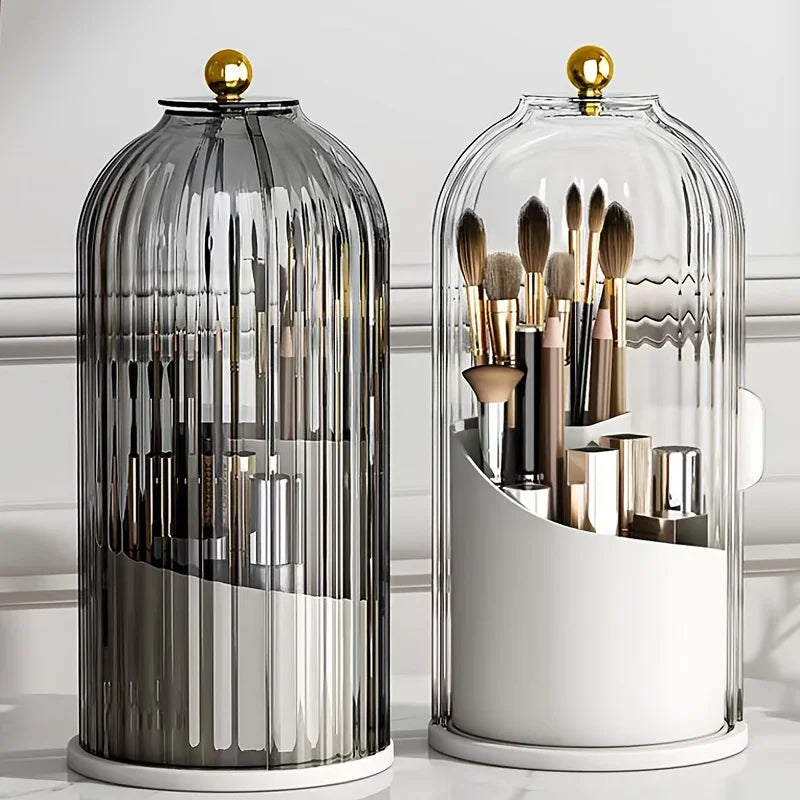 2pcs 360° Rotating Dustproof Makeup Brush Storage Box, Sliding Door Cosmetic Storage Rack + Dental Floss Storage Box