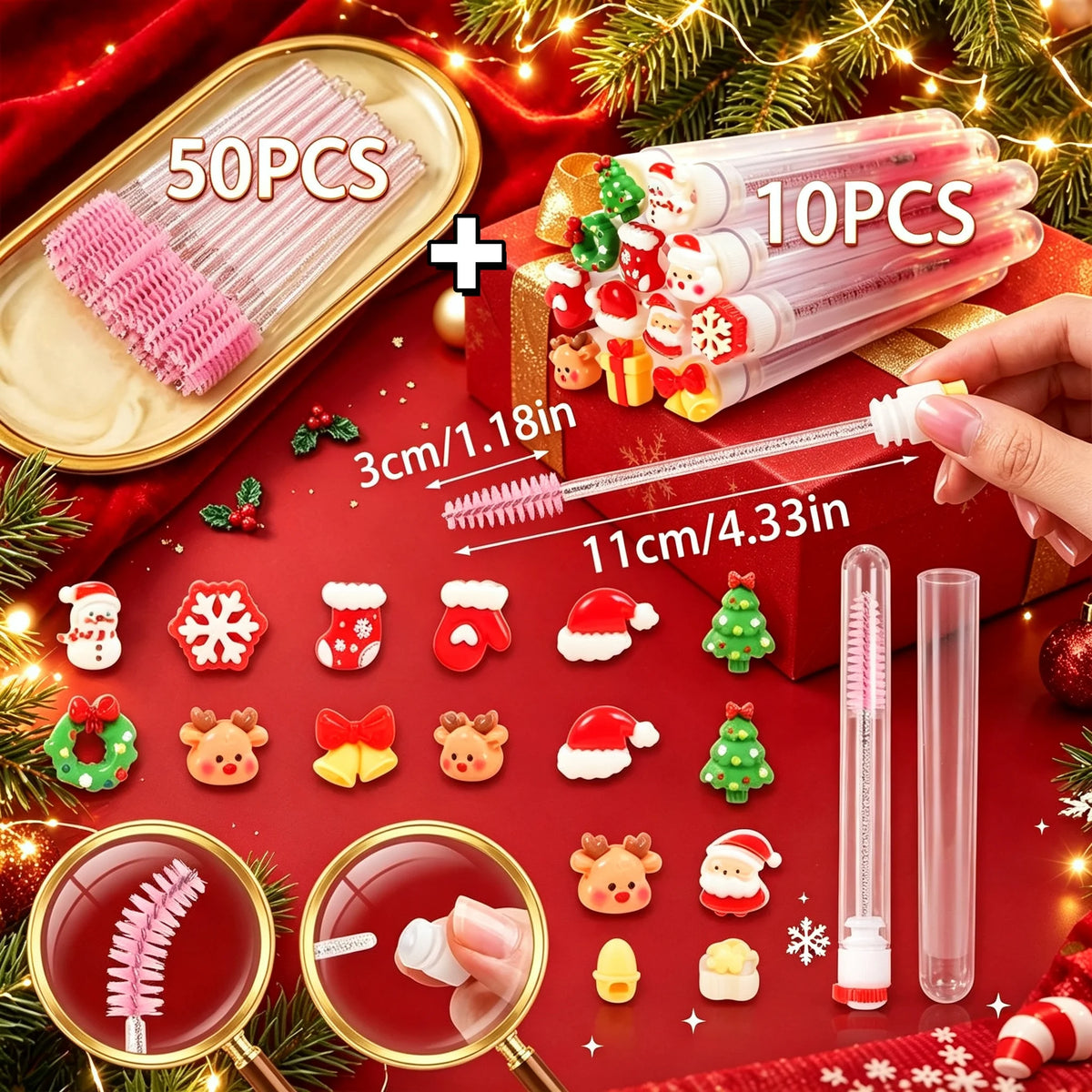 60Pcs Christmas Eyelash Brush with Tube Replaceable Mascara Wand Spoolie Dustproof Lash Tech Supplies Reusable Eyebrow Xmas Gift