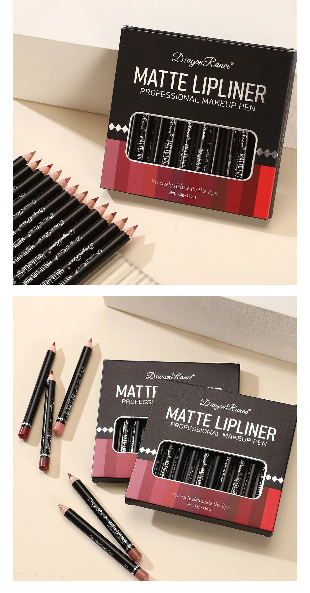 Long Lasting Matte Lip Liner 12 Colors Set Waterproof High Pigment Nude Wooden Pencil Lip Makeup Kit for Daily Use