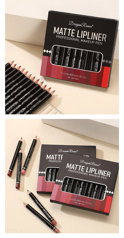 Long Lasting Matte Lip Liner 12 Colors Set Waterproof High Pigment Nude Wooden Pencil Lip Makeup Kit for Daily Use
