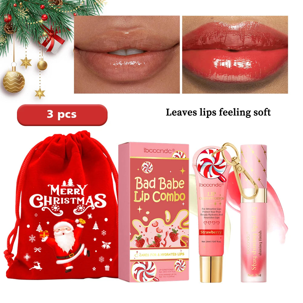 Strawberry Scent Lip Gloss Duo Combo with Keychain Long Lasting Nourish Plumper Lip Cosmetics Christmas Gift