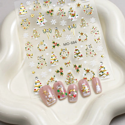2 to 12 Sheets 5D Gold Silver Christmas Nail Decals Crystal Rhinestone Snowflake Xmas Tree Self Adhesive Nail Art Stickers