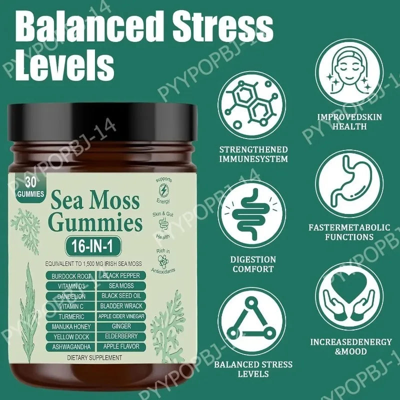 Irish Sea Moss Gummies 1500mg Equivalent 16 in 1 Botanical Blend,Support Digestion&Mood,Antioxidant Protection,Apple Flavor,30Ct