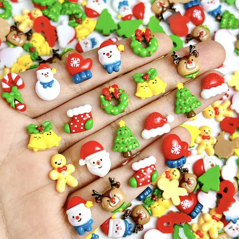 30PCS 3D Cartoon Santa Claus Elk Nail Charms Cute Snowman Dot Christmas Socks Nail Art Decorations for DIY Christmas Style Nails