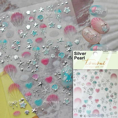 Gold Stamped Shell Conch Scallop Starfish Pearl 5D Embossed Self Adhesive Nail Art Stickers Delicate Ocean Style Manicure Decals