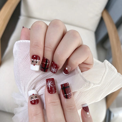 Handmade Short Square Press On Nails Christmas False Nails with Santa Claus Snowman Snowflake Design Reusable 10Pcs Xmas Party