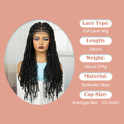 24Inch Full Lace Locs Braided Wigs with Baby Hair Lace Frontal Synthetic Braids Wigs for Black Women Natural HD Lace Braids Wigs