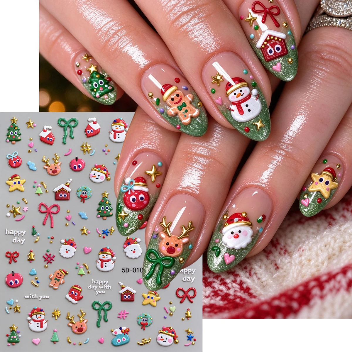 1pcs Gold-foiled Christmas Tree 5D Nail Stickers Bow Holly Snowflake Wreath Christmas Nail Decals Cartoon Merry Christmas Decora