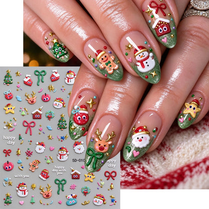1pcs Gold-foiled Christmas Tree 5D Nail Stickers Bow Holly Snowflake Wreath Christmas Nail Decals Cartoon Merry Christmas Decora