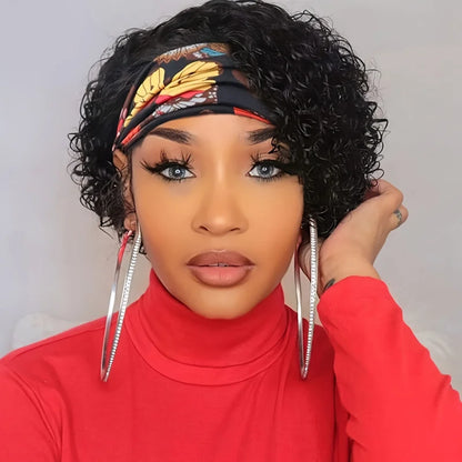 Water Wave Short Curly Pixie Cut Headband Wig for Women Remy Brazilian Human Hair Full Machine Made wig