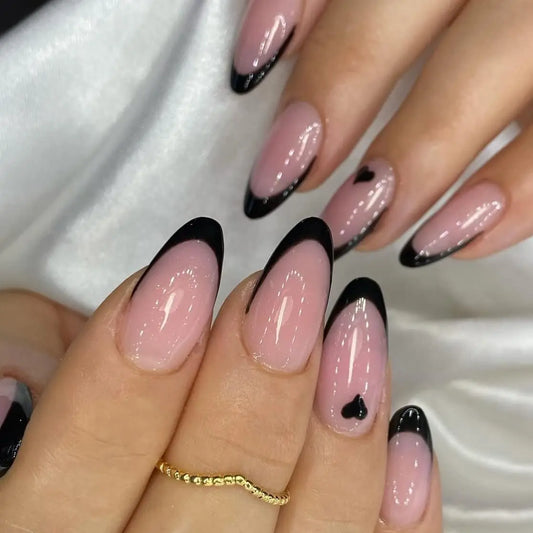 24pcs Pure Black Fake Nails Almond Fashion Charm Manicure Reusable False Nails For Spicy Girls Wearable Press On Nail Patch