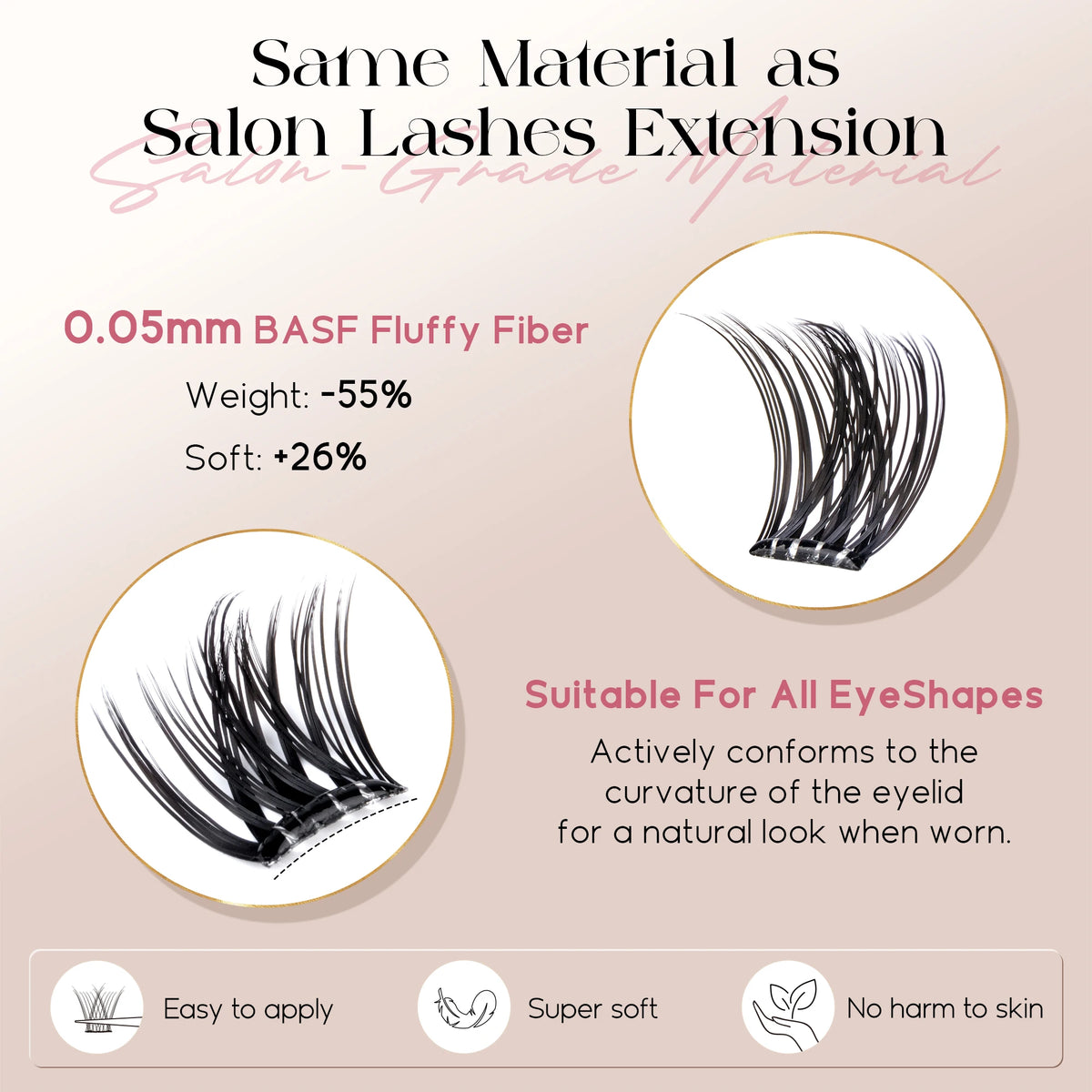 Befer Self-Adhesive False Eyelashes Glue-Free Lash Clusters Makeup D Curl Fluffy Manga Natural Soft Lash For Beginners Easy