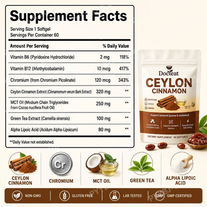 Docteat Energy Support Softgels Ceylon Cinnamon Antioxidant Action and Metabolic Balance 60 CT for Adults Daily Vitality