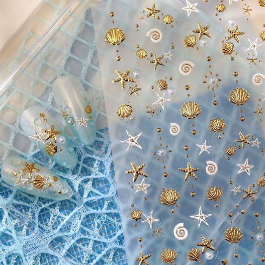 Gold Stamped Shell Conch Scallop Starfish Pearl 5D Embossed Self Adhesive Nail Art Stickers Delicate Ocean Style Manicure Decals
