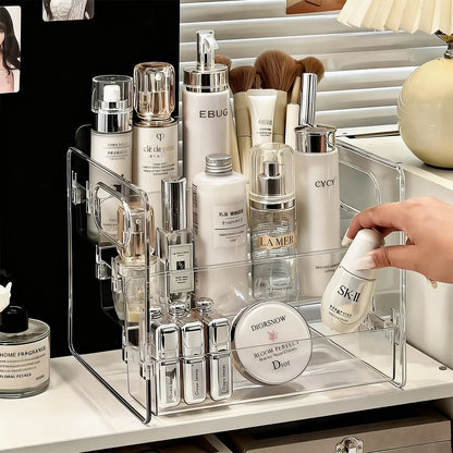 1pc Transparent Portable Three Compartment Cosmetic Storage Box desktop Dresser Large Capacity Skin Care Perfume Display Rack