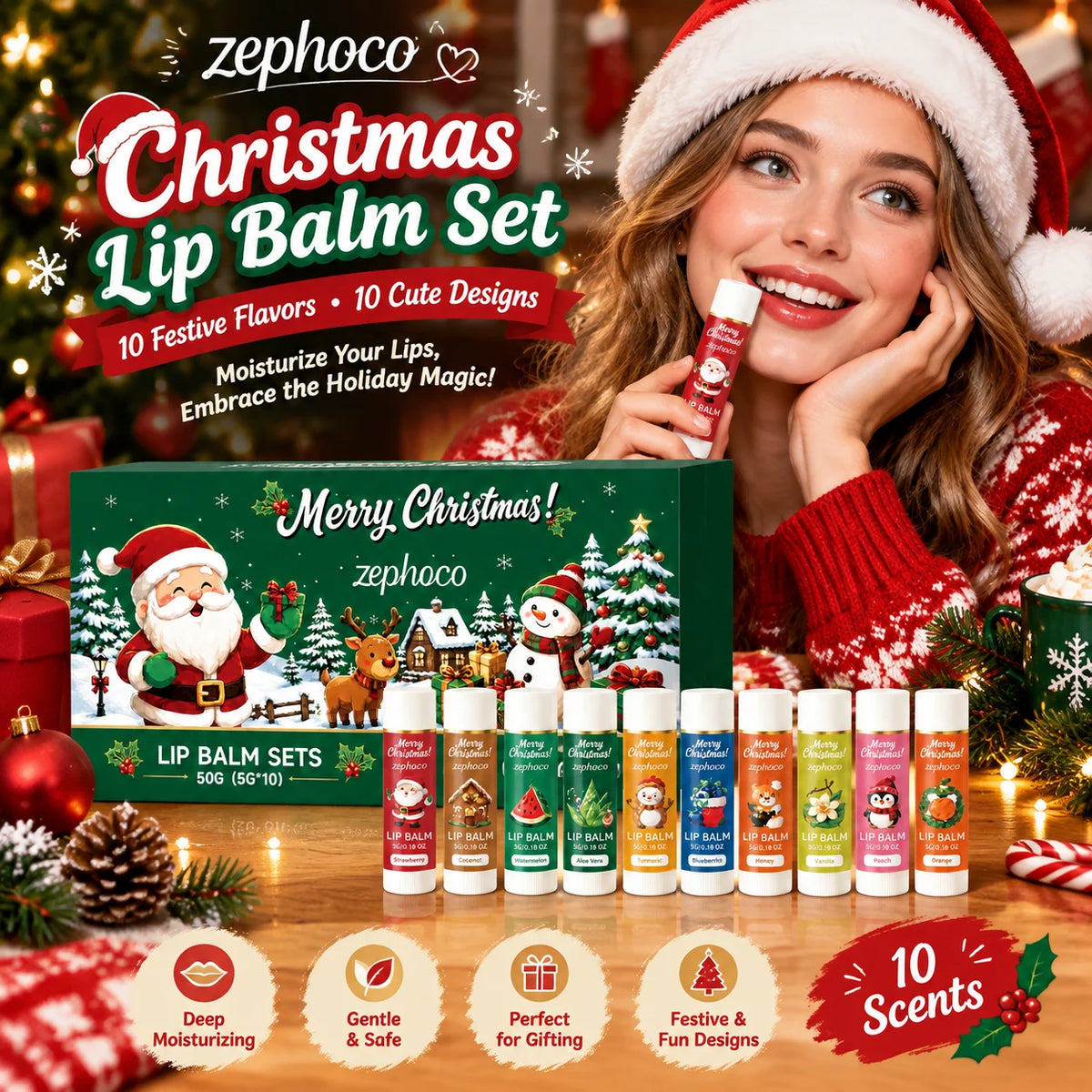 Christmas Lip Balm Gift Set 10 Count Assorted Fruit Flavors Stocking Stuffers Nourishing Moisturizing for Women 5g Fro Dry Skin