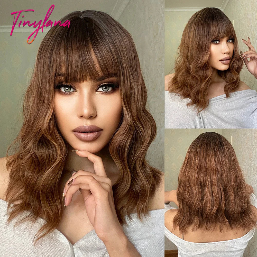Curly Short Bob Brown Wavy Synthetic Wigs with Bangs Lolita Cosplay Brown Wig for Women Natural Daily Party Hair Heat Resistant