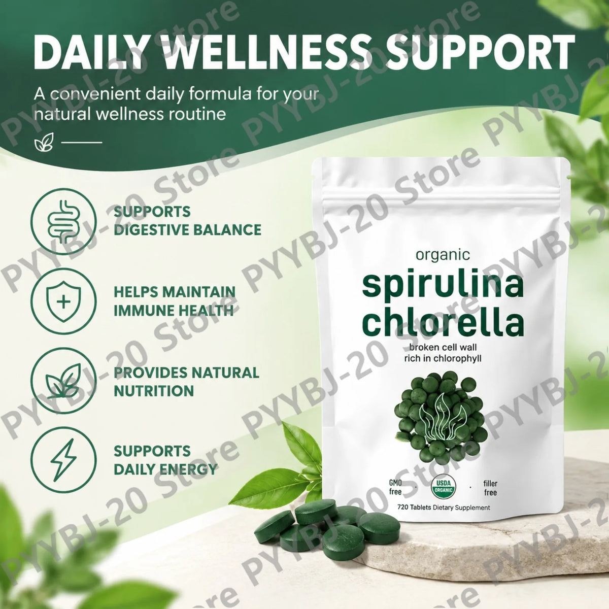 Organic Spirulina & Chlorella 720 Tablets – Broken Cell Wall, Chlorophyll Rich, Supports Daily Energy, Immunity & Vitality