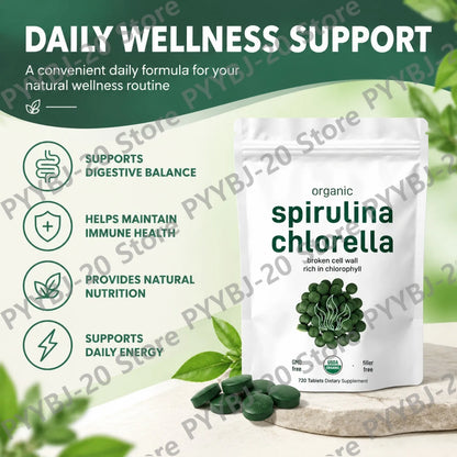 Organic Spirulina & Chlorella 720 Tablets – Broken Cell Wall, Chlorophyll Rich, Supports Daily Energy, Immunity & Vitality