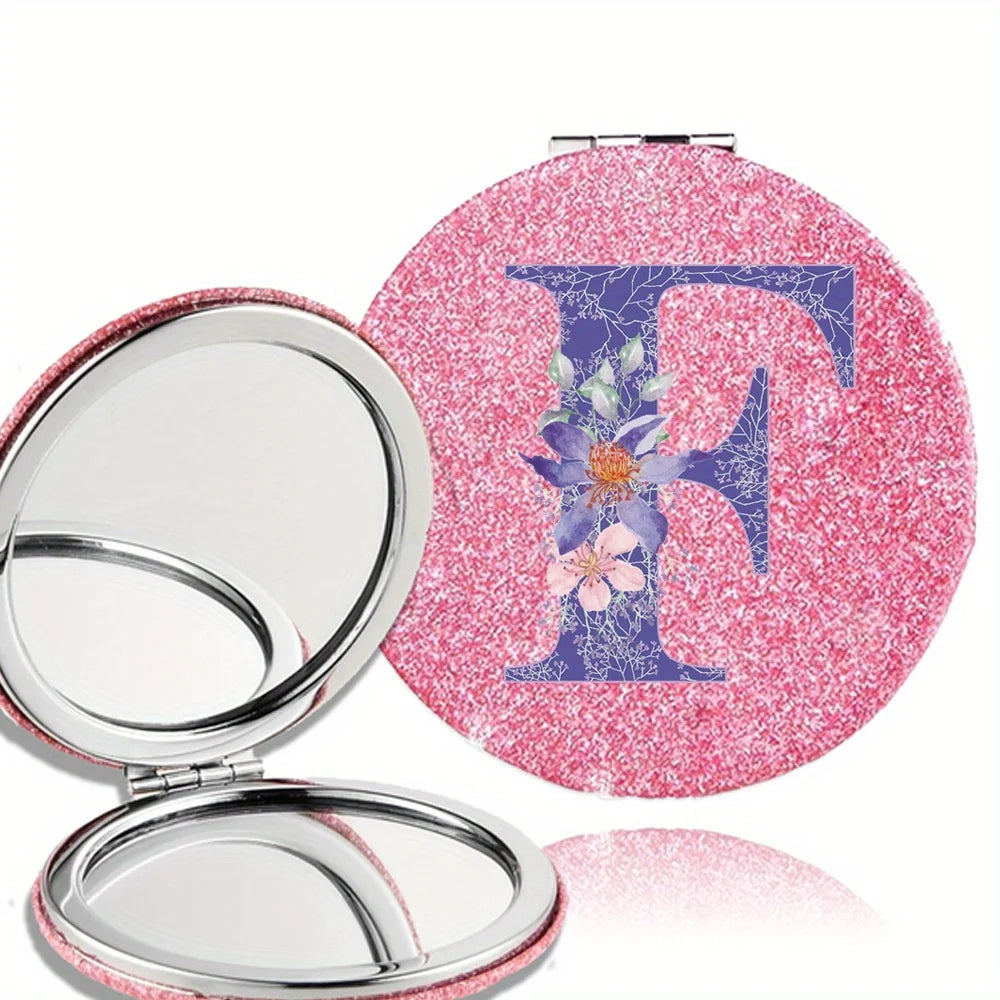 Women Folding Makeup Mirror Facial Beauty Makeup Care Tool Durable PU Surface Waterproof Ideal Party Gift Pink Flower Pattern