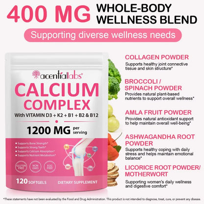 Calcium 1200mg D3 K2 B12 Softgels for Bone Strength, Teeth, Muscle, Heart & Immune Health, Gluten Free & Non-GMO, 120 Softgels